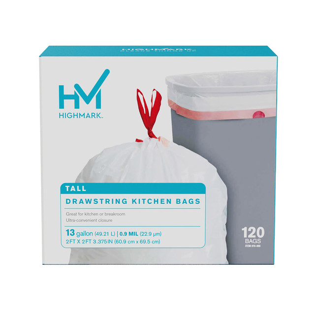OFFICE DEPOT Highmark DP848808  Tall 0.9 mil Drawstring Kitchen Trash Bags, 13 Gallon, 27.375in x 24in, White, Box Of 120