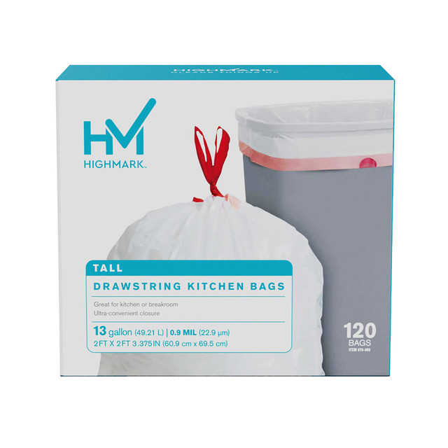 OFFICE DEPOT DP848808 Highmark Tall 0.9 mil Drawstring Kitchen Trash Bags, 13 Gallon, 27.375in x 24in, White, Box Of 120