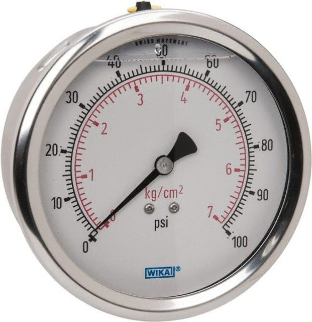 Wika 9694264 Pressure Gauge: 4" Dial, 0 to 100 psi, 1/4" Thread, NPT, Lower Mount
