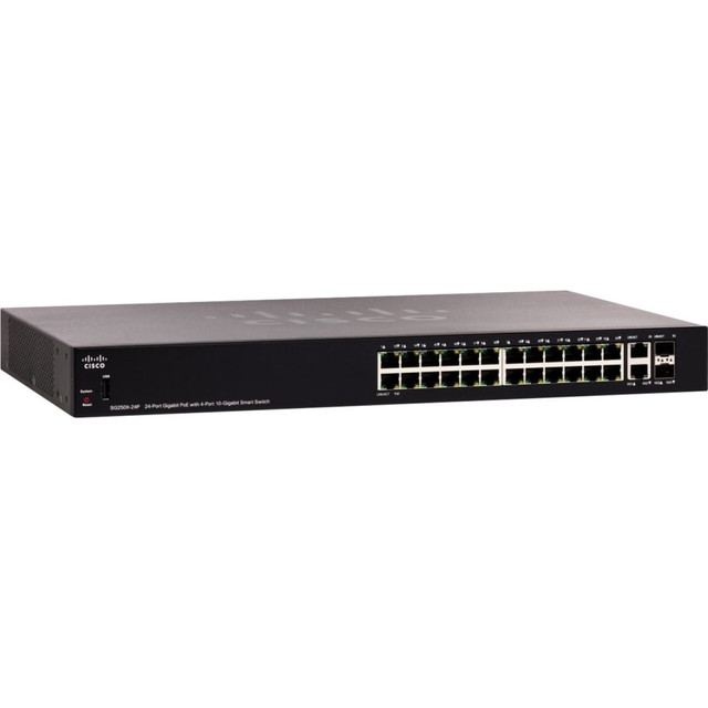 CISCO SG250X-24P-K9-NA  SG250X-24P Gigabit PoE with 4-Port 10-Gigabit Smart Switch - 24 Ports - Manageable - 10 Gigabit Ethernet - 1000Base-X - 2 Layer Supported - Twisted Pair - Rack-mountable - Lifetime Limited Warranty