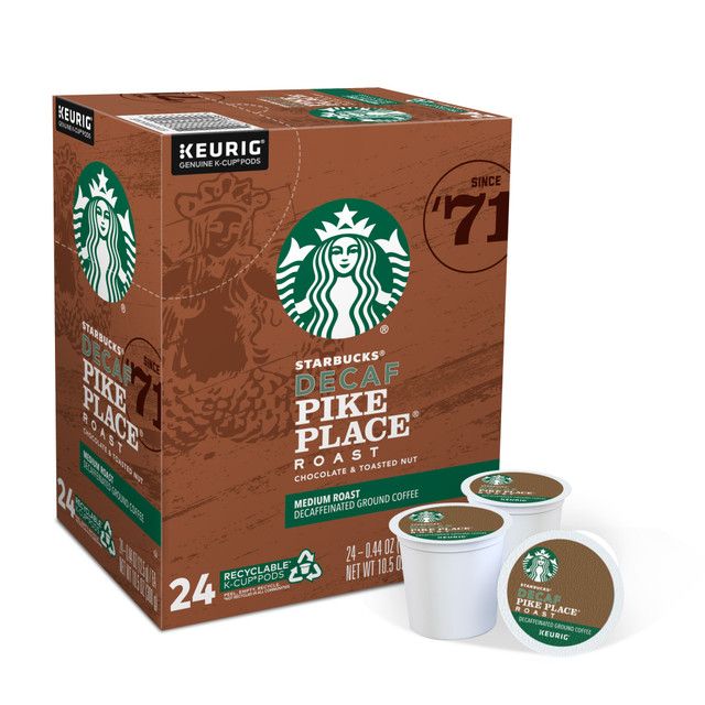 Enjoy the rich, balanced flavor of these Pike Place decaffeinated K-Cup Pods. They taste just like the Starbucks coffee you know and love without all the caffeine.  With subtle notes of cocoa and nuts and a smooth finish.  Caffeine-free.  Each K-Cup Pod has a built-in coffee filter - no measuring and no mess.  K-Cup Pods are designed for use in single-cup brewing systems.  Coffee K-Cup Pods contain 0.1 oz of coffee each and come in a box of 24.  Starbucks is not affiliated with Keurig or K-Cup. K-Cup is a registered trademark of Keurig Incorporated.