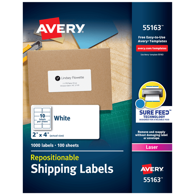 AVERY PRODUCTS CORPORATION 55163 Avery Repositionable Shipping Labels With Sure Feed Technology, 55613, Rectangle, 2in x 4in, White, Pack Of 1,000