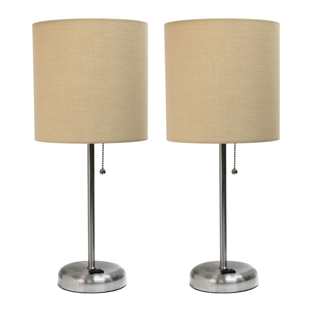 ALL THE RAGES INC LimeLights LC2001-TAN-2PK  Brushed Steel Stick Lamp with Charging Outlet and Tan Fabric Shade 2 Pack Set