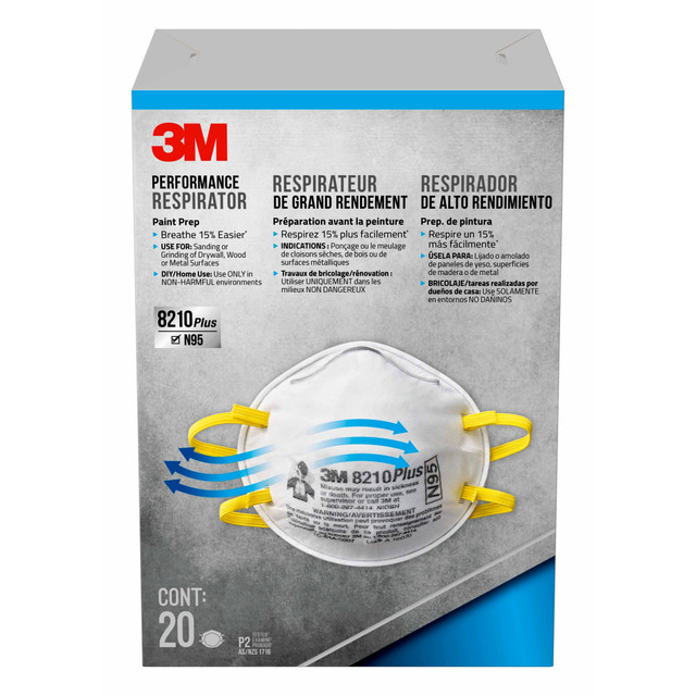 3M CO 3M 8210PP20-DC  Performance Disposable Paint Prep Respirator N95, White, Pack Of 20