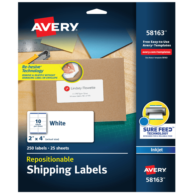 AVERY PRODUCTS CORPORATION 58163 Avery Repositionable Shipping Labels With Sure Feed Technology, 58163, Rectangle, 2in x 4in, White, Pack Of 250 AVERY PRODUCTS CORPORATION 58163 Avery Repositionable Shipping Labels With Sure Feed Technology, 58163, Rectangle, 2in x 4in, White, Pack Of 250