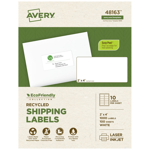 AVERY PRODUCTS CORPORATION 48163 Avery EcoFriendly Permanent Shipping Labels, 48163, 2in x 4in, 100% Recycled, White, Box Of 1,000 AVERY PRODUCTS CORPORATION 48163 Avery EcoFriendly Permanent Shipping Labels, 48163, 2in x 4in, 100% Recycled, White, Box Of 1,000