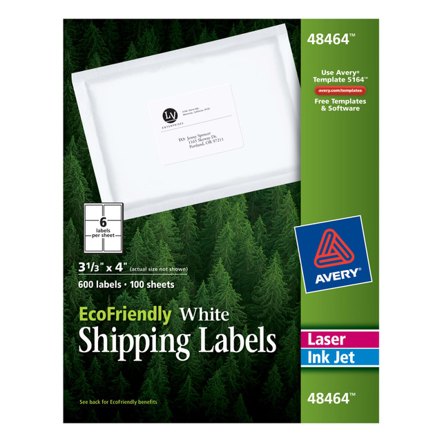 AVERY PRODUCTS CORPORATION 48464 Avery EcoFriendly Permanent Shipping Labels, 48464, 3 1/3in x 4in, 100% Recycled, White, Box Of 600 AVERY PRODUCTS CORPORATION 48464 Avery EcoFriendly Permanent Shipping Labels, 48464, 3 1/3in x 4in, 100% Recycled, White, Box Of 600