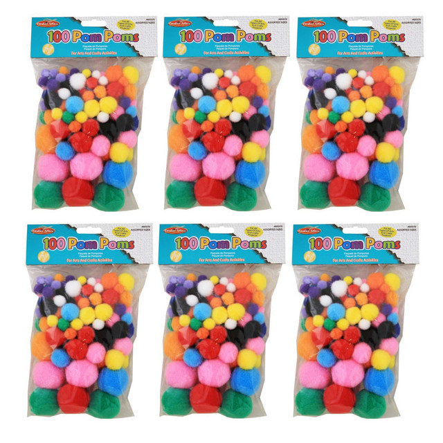 EDUCATORS RESOURCE Charles Leonard CHL69310-6  Pom-Poms, Assorted Colors, 100 Pom-Poms Per Pack, Set Of 6 Packs