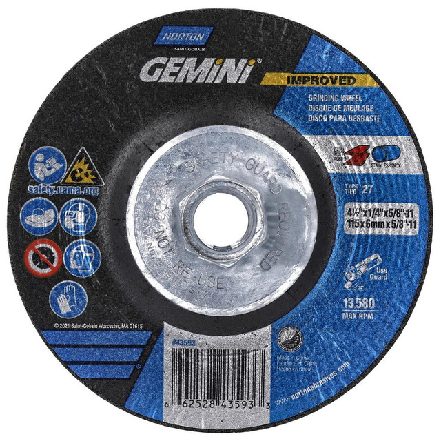 Norton 66252843593 Depressed Grinding Wheel:  Type 27,  4-1/2" Dia,  1/4" Thick,  Aluminum Oxide