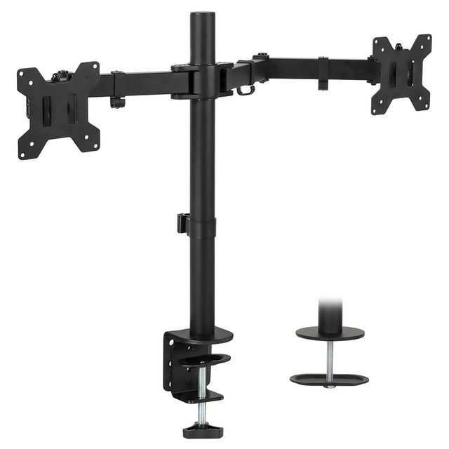 Raise your monitors to an ergonomic position and work more efficiently with this dual monitor mount. Designed for performance, this mount is made from high-strength steel for durability. Includes both clamp and grommet installation components to fit a variety of desktops. The arms can be raised and lowered on the pole for easy height adjustment. Tilt and swivel offer multiple monitor angles for comfortable reading, and integrated cable management keeps your cords off your desktop.  UNIVERSAL DUAL MONITOR DESK MOUNT: Works with screens 17 19 20 21 22 23 24 25 26 27 32 inches in size, with a maximum support weight of 22 pounds each, using the 75x75mm or 100x100mm VESA square bolt hole pattern found on the back of the monitors.  FEATURES: Two VESA monitor stand has full motion, height adjustable arms that are made of heavy duty steel and have integrated cable management clips to keep your cords organized. Comes with interchangeable C-clamp (for desks up to 4 inches wide) and grommet base (for desks up to 3.25 inches wide) mounts.  FULLY ADJUSTABLE: The double monitor mount arms can tilt up and down 90 degrees, swivel left and right 180 degrees, raise and lower 17in inches, and each screen can be rotated and placed in portrait or landscape orientation independent of one another.  EASY INSTALLATION: 2 monitor stand comes with all mounting hardware, tools, and instructions necessary for assembly. The detachable VESA plates make mounting a breeze and can be adjusted up to 1in to perfectly align the height of monitors. See instructional video for additional tips on functionality and assembly.  Raise your monitors to an ergonomic position and work more efficiently with this dual monitor mount