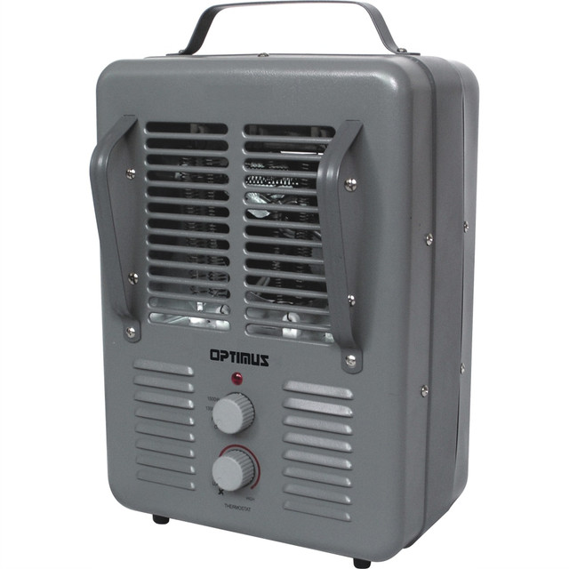 Heat up your space with ease using the Optimus Portable Utility Heater With Thermostat. This portable heater offers a simple, 4-position switch to choose between modes and is great for rooms up to 250 sq ft.  Works for rooms up to 250 sq ft.  Features 2 heat settings (1300 and 1500 watts).  4-position function switch enables easy flipping between Off, Fan, Hi and Low modes.  Automatic thermostat control allows convenient operation.  Built-in carry handle to help you move it from room to room.  Tip-over safety switch, overheat protection circuit and internal heat limiting thermostat with thermal cut-off safety device to provide safe use.  Power indicator light lets you know its on.  Backed by the manufacturers 1-year limited warranty.