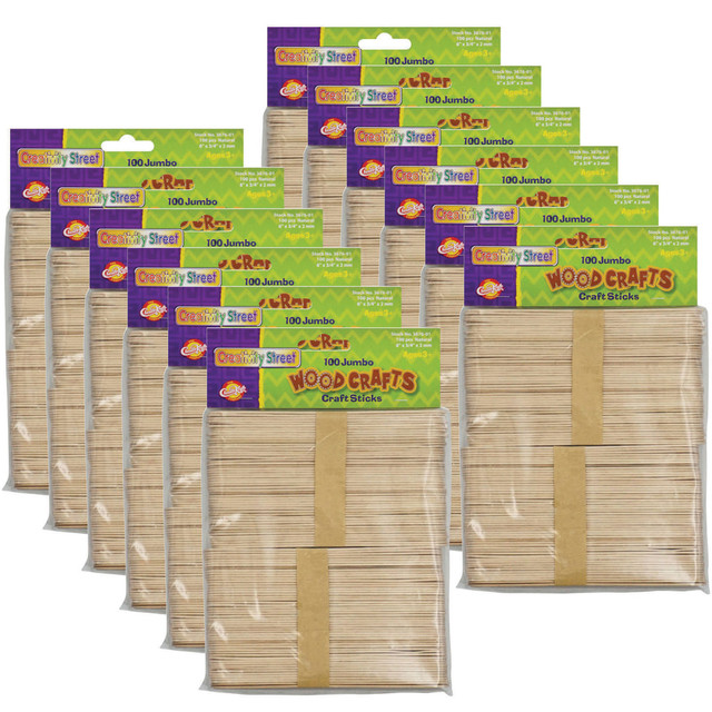 EDUCATORS RESOURCE Creativity Street CK-367601-12  Jumbo Craft Sticks, 6in x 3/4in, Natural Wood, 100 Sticks Per Pack, Pack Of 12 Packs