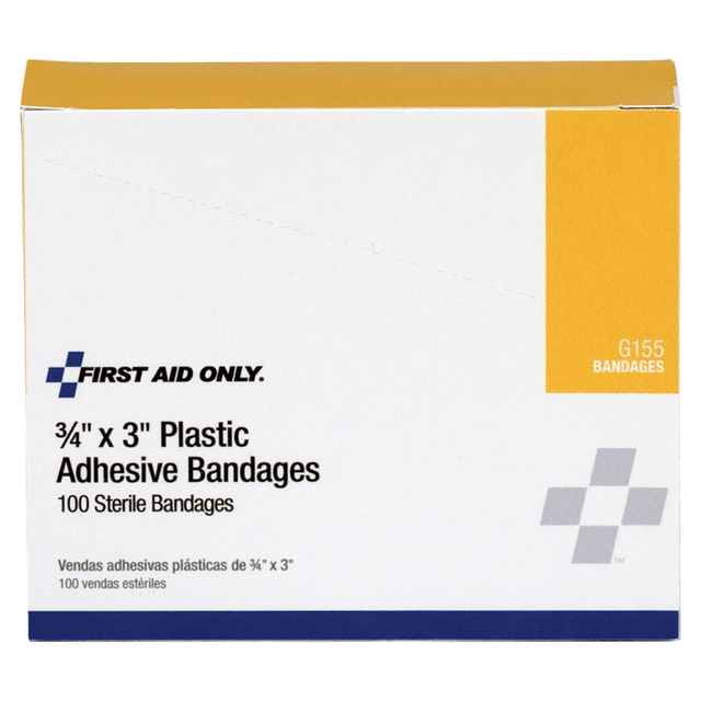 FIRST AID ONLY, INC. G155 First Aid Only Plastic Adhesive Bandages, 3/4in x 3in, Tan, Pack Of 100 FIRST AID ONLY, INC. G155 First Aid Only Plastic Adhesive Bandages, 3/4in x 3in, Tan, Pack Of 100