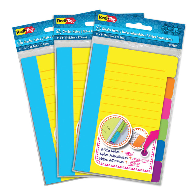 Color code your books and reference documents easily with this 3-pack of RediTag assorted ruled sticky notes. The special binding enables easy location of the color required during organization, while the removable water-based adhesive helps prevent damage to surfaces such as book pages. These RediTag assorted ruled sticky notes feature a ruled format, keeping your writing neat, and the multiple colors, including yellow and orange, allow mural creations.  Sticky notes are ideal for marking pages.  Removable adhesive eliminates damage to documents.  Multi-colored assortment enables effective organization.  Ruled design enables neat writing.  4in x 6in note size is approximate.