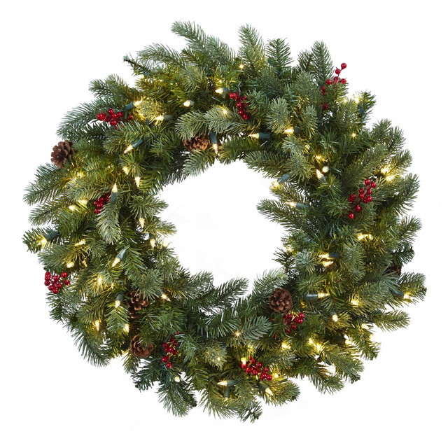NEARLY NATURAL INC. 4860 Nearly Natural 30inH Lighted Pine Wreath With Berries And Pine Cones, 30in x 3in, Green