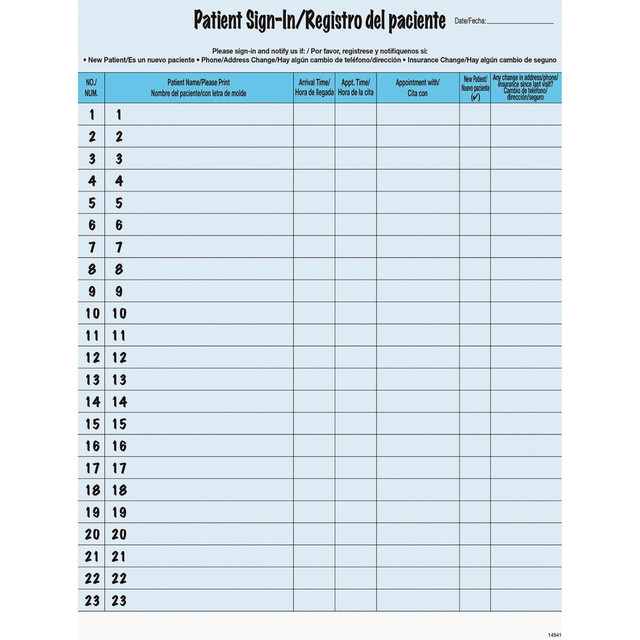 TABBIES DIV 14541 Tabbies Patient Sign-In Label Forms, 8-1/2in x 11in, Blue, Pack of 125
