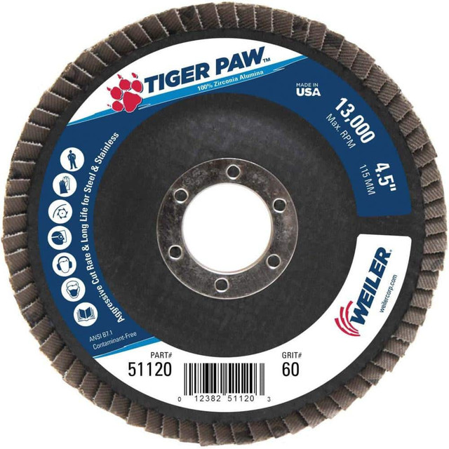 Weiler 51120 Flap Disc: 7/8" Hole, 60 Grit, Zirconia Alumina, Type 29