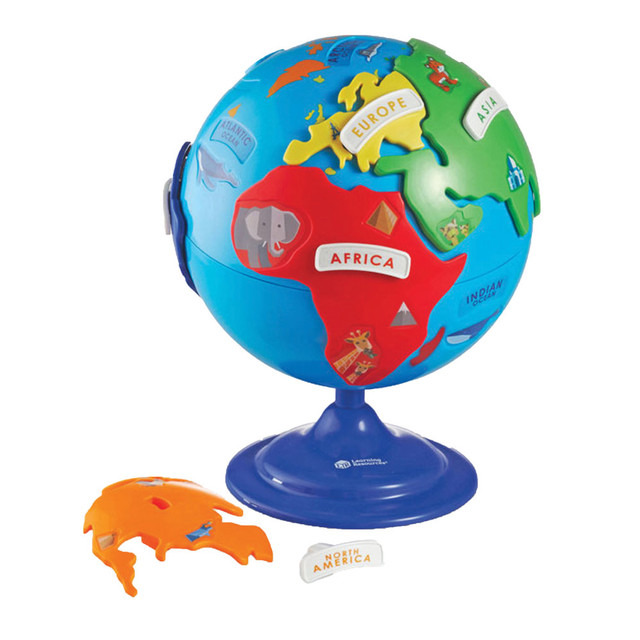 Give your youngsters this 6-piece puzzle and let them enjoy putting the world together. With landmarks and animals on each piece, children will learn a little about each location as it goes on the globe.  Helps teach children geography in an interactive way.  Covers the entire world.  Highlights landmarks and animals to offer exciting information about different areas.  Sits on a plastic base for support.  Features 6 continent puzzles, 6 continent labels and a sheet of blank label stickers.  Backed by the manufacturers 1-year limited warranty.