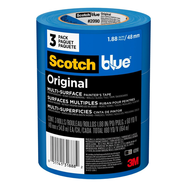 3M CO Scotch 209048EP3 Blue Original Painters Tape, 1.88in x 60 yd, Blue, Pack Of 3