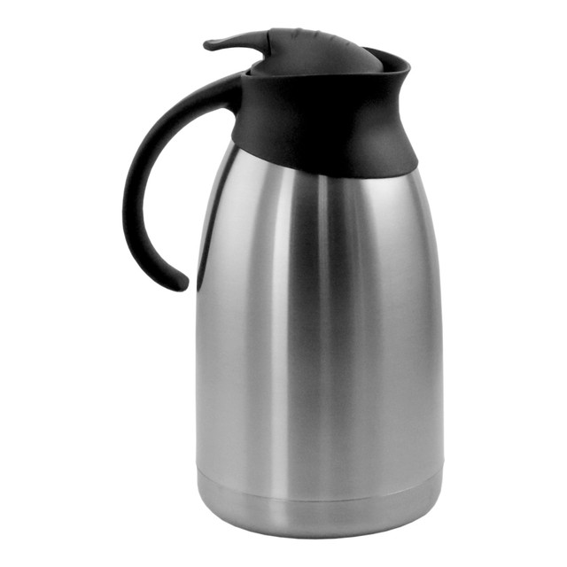 MegaChef 2 Quart Stainless Steel Thermal Beverage Carafe for Coffee and Tea (Narrow Spout and Long Lever)  Made from stainless steel.  67.6 oz capacity.  Double-wall insulated.  Heat-resistant bottom.  Leak-free technology.  Lid features a narrow spout and long lever.