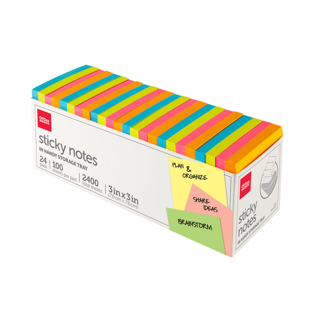 You can be sure your messages get noticed with these beautifully colorful sticky notes. Jot down comments, reminders, notes, or instructions to place on papers, calendars, screens, and other surfaces.  Self-stick style can be removed and repositioned as needed.  Great for jotting down messages and quick notes.  3in x 3in (approximate) note size gives you ample space for details.  Included storage tray keeps note pads neat and ready to use.