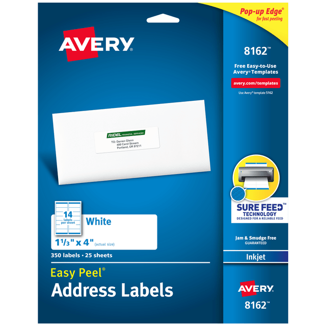AVERY PRODUCTS CORPORATION 8162 Avery Easy Peel Address Labels With Sure Feed Technology, 8162, Rectangle, 1-1/3in x 4in, Matte White, Pack Of 350 AVERY PRODUCTS CORPORATION 8162 Avery Easy Peel Address Labels With Sure Feed Technology, 8162, Rectangle, 1-1/3in x 4in, Matte White, Pack Of 350