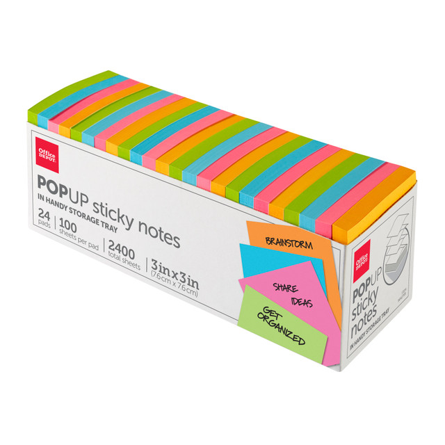 OFFICE DEPOT 21332-24POP-DEEP  Brand Pop Up Sticky Notes, With Storage Tray, 3in x 3in, Assorted Vivid Colors, 100 Sheets Per Pad, Pack Of 24 Pads