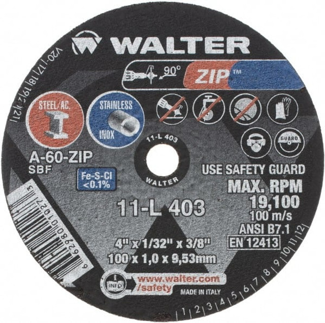 WALTER Surface Technologies 11L403 Cut-Off Wheel: Type 1, 4" Dia, 1/32" Thick, 3/8" Hole, Aluminum Oxide