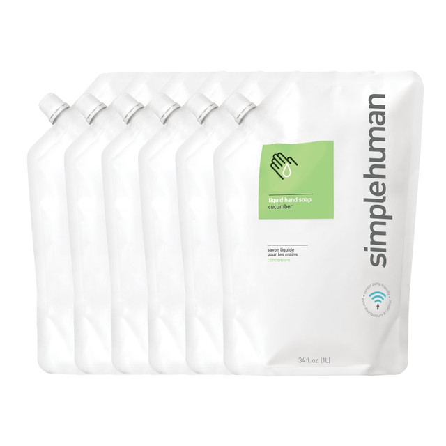 SIMPLEHUMAN LLC CT1020 simplehuman Moisturizing Liquid Hand Soap, Cucumber, Scent, 34 Oz, Box Of 6 Pouches