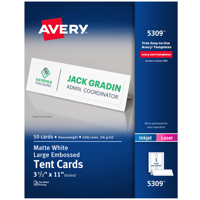 Leave a lasting impression on guests at your next event with this pack of Avery embossed tent cards. Perfect for parties, meetings, farmers markets, conferences, tradeshows and more, these customizable blank cards are made from heavyweight cardstock designed to stand up to frequent folding. Whether you want to add a personal touch to place cards for table settings, wedding name place cards or card labels for food, these printable cards are the perfect blank canvases for beautiful custom and DIY designs.  Easily customize your own elegant, embossed place cards, name cards for weddings, place cards for food buffet and more.  Enjoy a clean, professional finish from the ultra-fine precise cuts designed to leave behind a smooth border around each place card.  Print beautiful, double-sided designs on premium printable cardstock paper with a weight of 65 lbs / 176 gsm.  Each sheet of printable cardstock is optimized for laser and inkjet printers, resulting in crisp text, vivid images and smudge-free printing.  Quickly and easily personalize your tent cards using Avery Design & Print Online, our easy-to-use software that offers hundreds of templates and designs.  Perfect for creating your own custom escort cards, table cards, menu place cards and more.  Forest Stewardship Council (FSC) certified - made from wood/paper that comes from forests managed to rigorous environmental and social standards, supported by the worlds leading conservation organizations.  Leadership forestry - from forests or sourcing programs that meet specific environmental standards, helping you support practices that better protect forests and the environment.