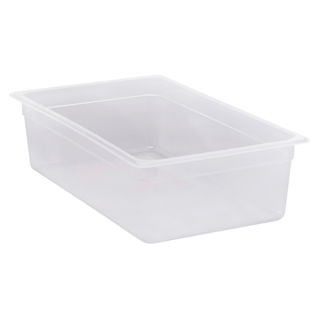 Store, transport and serve food using Cambro Translucent GN 1/1 6in Food Pans. Made of translucent plastic for an easy view of the contents, these restaurant containers make taking stock of your inventory simple.  Durable plastic construction is chemical and impact resistant.  Uniform 1/2in flange allows secure placement in most prep tables and food bars.  Withstands temperatures from -40 deg. to 160 deg..  Molded graduation marks in standard and metric units simplify measuring.  Non-stick interior easily releases food.  Textured bottom minimizes scratching damage.  Stackable design helps conserve storage space.  Dishwasher safe for easy cleaning.  NSF listed.  Includes 6 food pans.