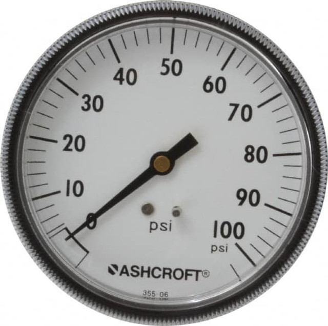 Ashcroft 662876143030 Pressure Gauge: 3-1/2" Dial, 0 to 100 psi, 1/4" Thread, NPT, Center Back Mount