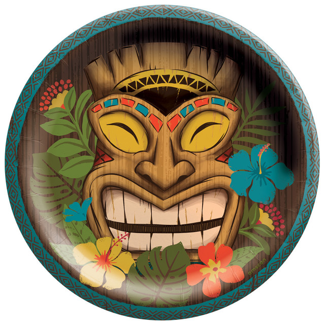 AMSCAN 742736  Vintage Tiki Round Paper Plates, 6-3/4in, Brown, 50 Plates Per Pack, Set Of 2 Packs