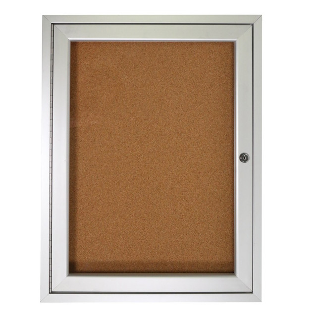 GHENT MANUFACTURING INC. PA13630K Ghent 1-Door Enclosed Cork Bulletin Board, 36in x 30in, Natural, Satin Aluminum Frame