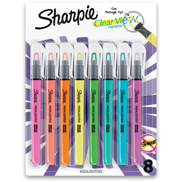 Enjoy precision highlighting with the see through tip and slender grip of the Sharpie Clear View Highlighter Stick. A transparent tip and smooth, fine chisel end allow you to keep your eyes locked on text and precisely highlight across the page. Meanwhile, the slim barrel is easy to hold and has a slender profile that slips into a notebook or backpack. Sharpie highlighters also feature Smear Guard ink (let ink dry before highlighting). With Sharpie Clear View, you always know when to stop highlighting  Highlighter with see-through tip so you can highlight neatly and evenly  Chisel tip lets you switch between both wide and narrow lines  Ultra-vivid ink jumps off the page  Resists smearing of many pen and marker inks so your work stays clean  8 colors included: Fluorescent green, 2 fluorescent yellow, coral, blue, pink, orange and purple  Conforms to ASTM D4236 standards. For detailed information see www.astm.org.  ACMI Certified AP Nontoxic. For detailed information see www.acmiart.org.  Less harsh chemicals - made with fewer harsh chemicals, or safer chemicals than typical alternatives, helping  reduce your use of and exposure to substances that may be more harmful to your health and the environment.