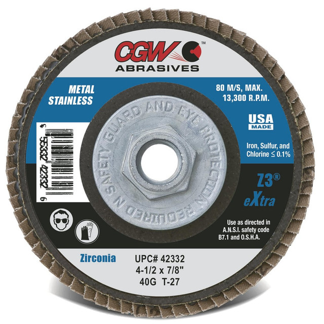 CGW Abrasives 42701 Flap Disc: 7/8" Hole, 36 Grit, Zirconia Alumina, Type 27