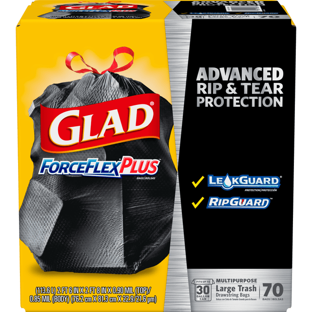 Glad ForceFlexPlus Drawstring Bags are designed with Durable Strength with a reinforced side seam to let you carry the heaviest loads without tearing the bag. The large capacity bags fit a 30 gallon can and stretche around your trash with the ForceFlexPlus technology to prevent rips and tears. Built with advanced rip and tear protection, the LeakGuard Protection and RipGuard Protection can withstand even the toughest and messiest trash, so that what goes in, stays in. The strong reinforcing drawstring closure grips the can and ensures easy closing and lifting with one quick pull. These garbage bags are perfect for tough jobs throughout your home or office, indoor or outdoor. Ideal for use in restaurants, offices and other commercial facilities. Take out the trash with Glad reliability and guaranteed stretchable strength.  30 GALLON BLACK PLASTIC TRASH BAGS: Handle the toughest jobs around the home yard or office with the versatile 30 gallon garbage bag  GARBAGE BAG LINER: This large trash bag liner with LeakGuard and RipGuard Protection can withstand even the toughest and messiest trash making it great for restaurants offices and other commercial facilities  FORCEFLEX STRENGTH: Inner layer designed with ForceFlex technology allows garbage bag to stretch and expand over sharp edges with heavy loads  LEAK & RIP PROTECTION: Outer layer prevents punctures and tears while the other protects from leaks - this large 30 gallon trash bag is ideal for any cleaning job including moving or yard work  GREAT FOR COMMERCIAL USE: Ideal for use in offices, day care centers, schools, hotels, restaurants and other commercial facilities  Trash bags in black hold up to 30 gallons and come in a box of 70.