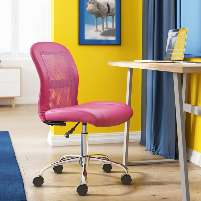 With a stylish look and comfortable cushioning, this mid-back chair is an eye-catching addition to just about any office area. The armless design makes it easy to slide under desks and tables to help you maximize the available space.  Overall Dimensions: 36 1/2inH x 18 1/2inW x 23inD.  Weight capacity tested to support 250 lb.  Lumbar feature supports your lower back and enhances the natural curve of your spine.  Waterfall seat cushion slopes slightly downward to help reduce stress on your legs.  Faux leather upholstery provides an elegant look and soft, comfortable feel.  Pneumatic adjustment allows you to quickly change the height with just a touch of the lever.  Multidirectional casters enable you to move around with ease.  Assembly required.  Tested to meet ANSI/BIFMA Performance Standards - Manufacturer testing has been conducted on this product to meet specific performance requirements and safety standards set forth by the American National Standards Institute (ANSI) and the Business and Institutional Furniture Manufacturers.  Suitable as an office home chair or as a Student desk chair.  Faux Leather is a synthetic material. See specs for details.
