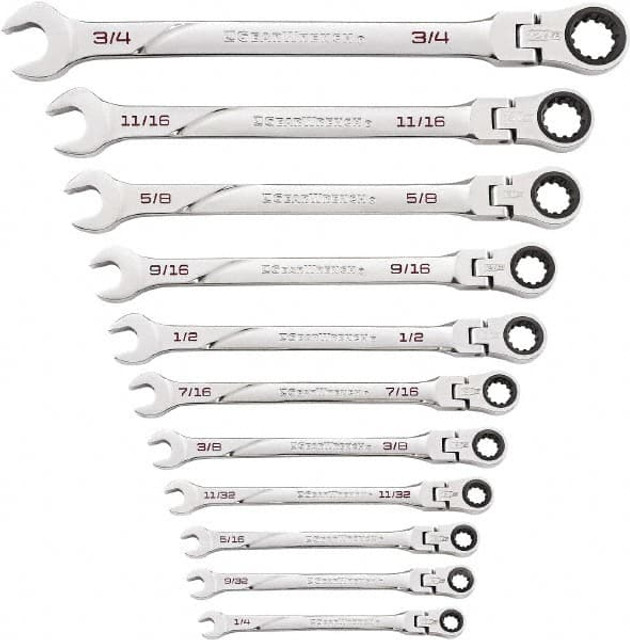 GEARWRENCH 86247 Ratcheting Flexhead Combination Wrench Set: 11 Pc, 1/2" 1/4" 11/16" 11/32" 3/4" 3/8" 5/16" 5/8" 7/16" 9/16" & 9/32" Wrench, Inch