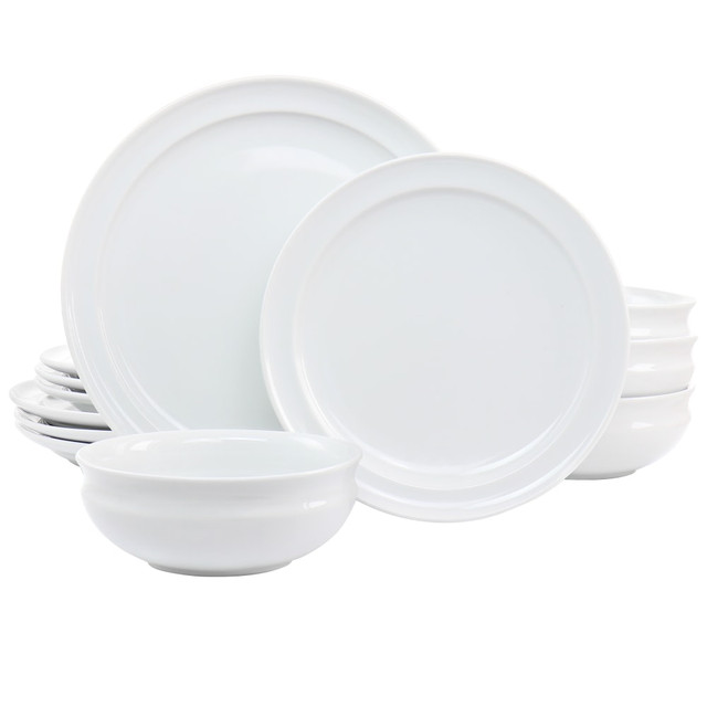 GIBSON OVERSEAS INC. Martha Stewart 995117284M  12-Piece Fine Ceramic Rimmed Dinnerware Set, White