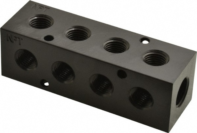 MSC PCM20-250R-04B Manifold: 3/8" Inlet, 1/4" Outlet, 2 Inlet Ports, 4 Outlet Ports, 4.12" OAL, 1.25" OAW, 1-1/4" OAH