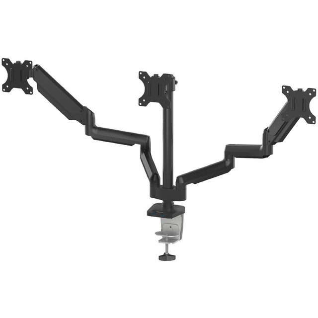The Platinum Series Triple Monitor Arm from Fellowes elevates your view to help relieve neck and eye strain while optimizing desk space. Fully independent arm holds up to 15.4 lbs. or 27in monitor and easily install using the Quick Fit VESA plate.  SUPPORTS: Supports triple monitors up to 27in and 15.4 lbs each, perfect for home, office, or gaming setups  EASY INSTALLATION: Quick-Fit VESA plate ensures easy installation on tables or desks using either a clamp or grommet  USB PORTS: Integrated USB ports at the base provide convenient charging for your devices while you work  FULL MOTION: Full motion adjustability with 360 deg. rotation and +/-45 deg. tilt, plus integrated cable management, keeps your workspace tidy and optimized  WARRANTY: Extended 5 Year Limited Warranty  Increase valuable desk space and easily adjust your monitor to reduce eye, neck and shoulder strain  Connect your favorite devices with 2 USB ports conveniently located at the base of the product  Features easy and effortless monitor adjustment with innovative gas spring technology  Mounts via clamp or grommet - can be mounted via clamp on desks between .8in and 4.7in thick or grommet hole between .3in and 2.9in  Minimize clutter with the intuitive cord management system  Holds a monitor up to 27in/20 lbs.  Meets VESA mounting standards  Have the right tools in place to prepare your workforce to work from anywhere.