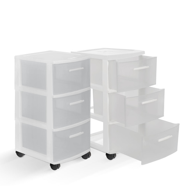 INVAL AMERICA, INC. 547-WHT2PK Inval MQ 3-Drawer Rolling Storage Cabinets, 25-1/2inH x 12-1/2inW x 14-1/2inD, White/Clear, Set Of 2 Cabinets