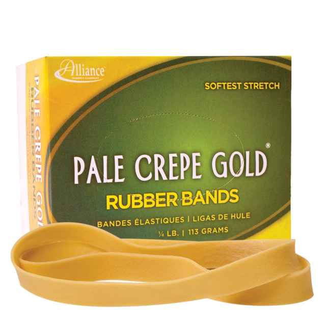 ALLIANCE RUBBER CO 21079 Alliance Rubber Pale Crepe Gold Rubber Bands In 1/4-Lb Box, #107, 7in x 5/8in, Box Of 15 ALLIANCE RUBBER CO 21079 Alliance Rubber Pale Crepe Gold Rubber Bands In 1/4-Lb Box, #107, 7in x 5/8in, Box Of 15