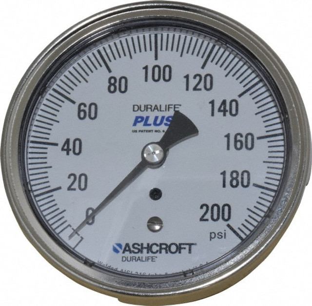 Ashcroft 83190XLL Pressure Gauge: 3-1/2" Dial, 0 to 200 psi, 1/4" Thread, MNPT, Center Back Mount