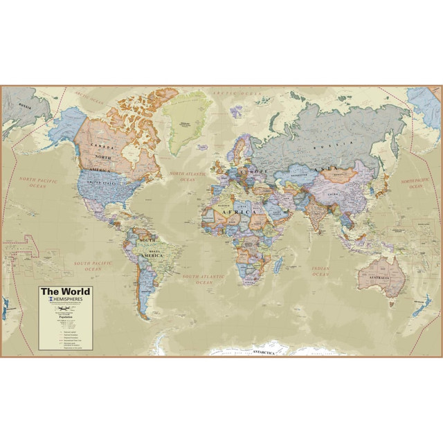 ROUND WORLD PRODUCTS, INC. RWPHM03 Hemispheres Boardroom Series World Laminated Wall Map, 38in x 61in