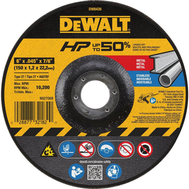 DeWALT DW8426 Depressed Center Wheel: Type 27, 6" Dia, 0.045" Thick, Aluminum Oxide