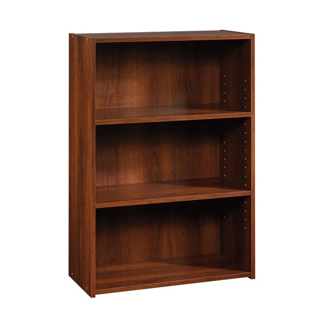 Store books or files or display your most treasured memories on this adjustable Sauder Beginnings bookcase. Designed to suit any home or office, with simple, clean lines and a traditional wood finish, this shelving unit stands the test of time.  Constructed from strong, long-lasting engineered wood for a storage solution you can rely on.  3 Shelf Bookcase  2 Height-adjustable shelves adapt to fit your tallest books and keepsakes.  Weight capacity per shelf tested to support 25 lb.  Features 3 shelves inclusive of bottom.  Medium cherry finish for a classic look.  Shorter 35in height for easy, low-level storage.Assembly required.