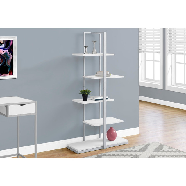 MONARCH PRODUCTS I 7233 Monarch Specialties 60inH 5-Shelf Zigzag Metal Bookcase, White/Silver