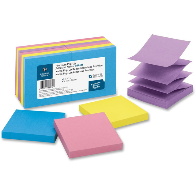 SP RICHARDS 16450 Business Source Reposition Pop-up Adhesive Notes - 3in x 3in - Square - Assorted - Removable, Repositionable, Solvent-free Adhesive - 12 / Pack